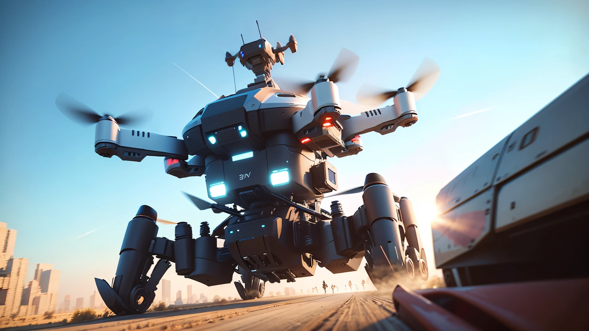 Generate an illustration of drone delivery. The background should be realistic and sci-fi, with a bright blue sky and multiple quadcopter drones flying in the air, highlighting technology and innovation. No text should be on the image. The photo style should be minimalist, futuristic, bright, and natural in color.