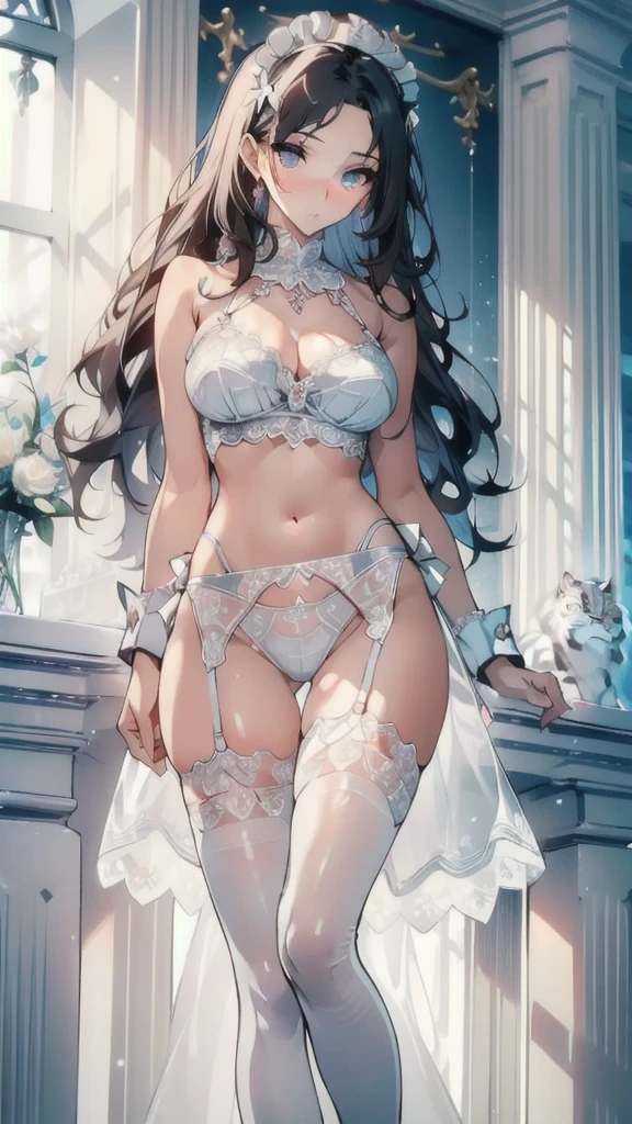 ((masterpiece, best quality)), Delicate face，Maid，White Tiger，whole body，Long legs，Large Breasts，Gradient long wavy hair，Perfect body proportions，beautiful eyes，Extremely beautiful，transparent， Pure white background，Erotic_lingerie，Sexy_Bikini，Lace，Garter stockings
