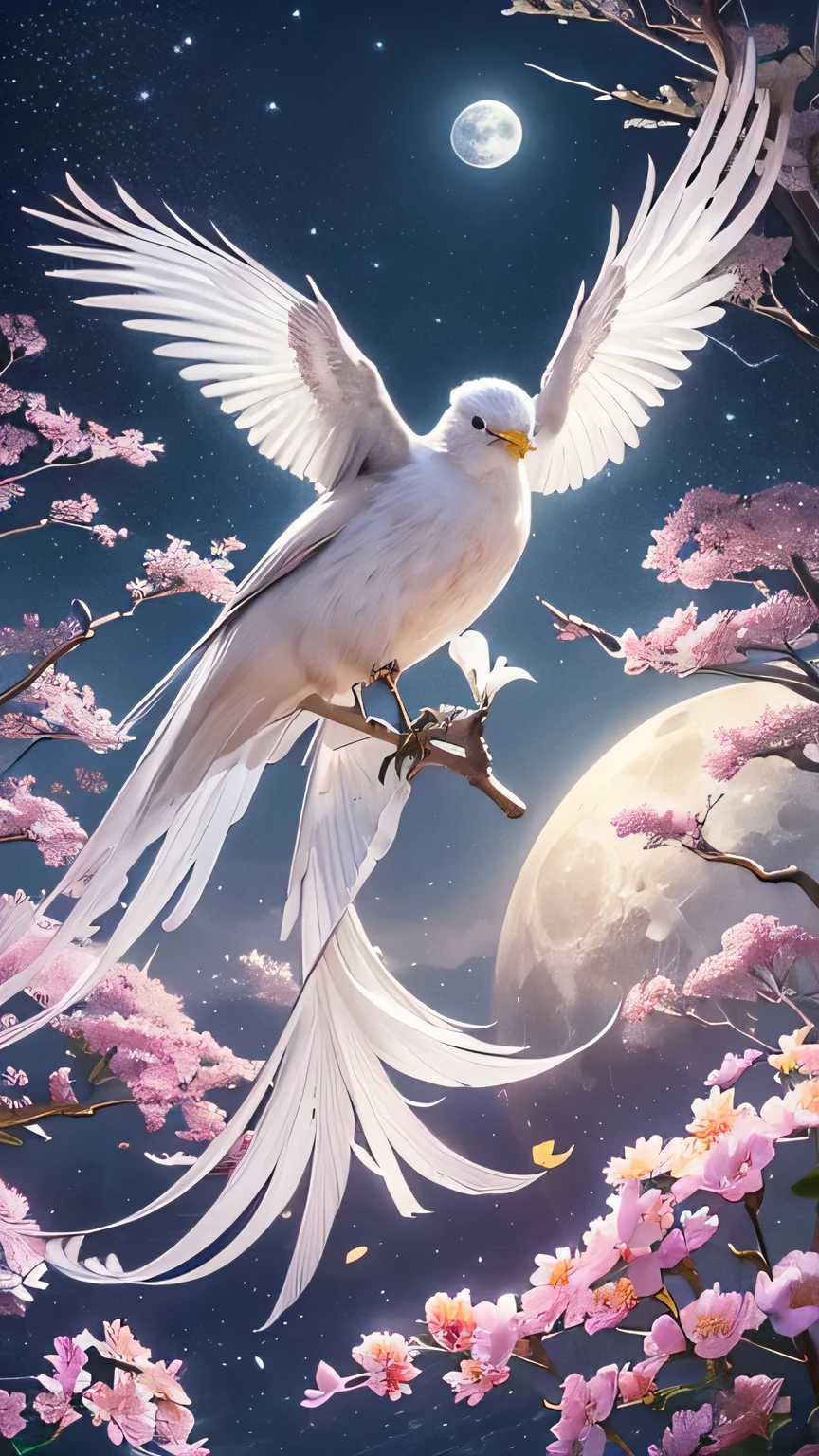 Ultra-fine illustrations, Highest quality, Blooming Flowers, Graceful bird, Breeze, full moon, quiet night, Detailed petals, Soaring Bird, Flowing Wind, Moonlit Sky, Vibrant colors, Serene landscape, Harmonious nature, Intricate details, Balanced composition, Elegant Style, Natural Beauty, Traditional elements of Japan