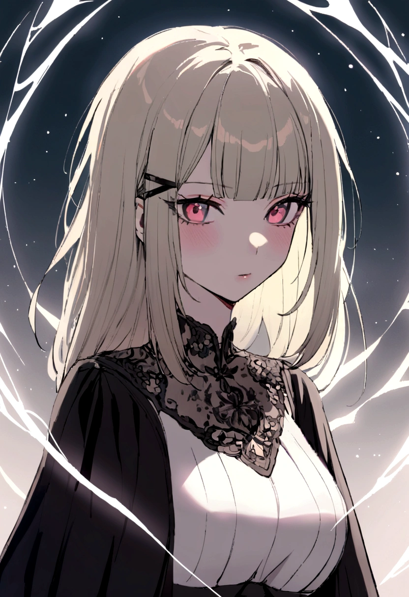 1 girl, Adult women, alone, Gordo 3mb, air, (platinum blonde hair) hair, Hime cut, (kawaii hair clips:1.2) high quality, 最high quality, High resolution, high definition, (airen aura magic), hair uplifted, horn