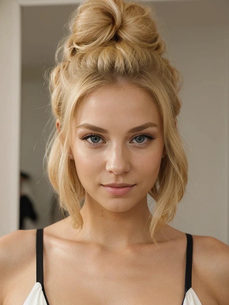 an eye contact of a blond with bun hair en tenue sexy dans un salon