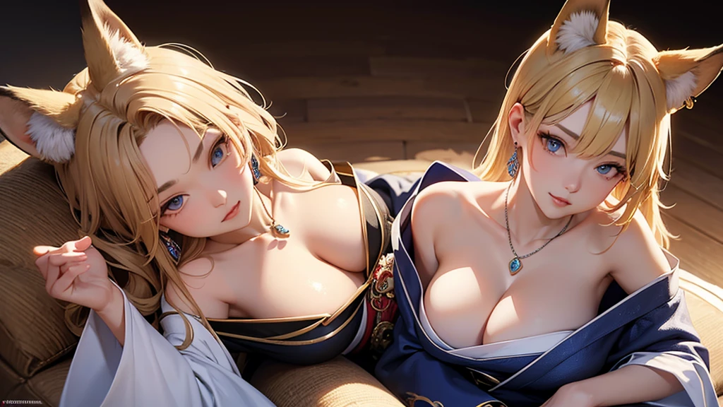 Camera angle looking down from above。Sit back in a reclining chair、A beautiful woman with big breasts and fox ears stretches her legs and relaxes, gazing into the distance。Shiny kimono with off-the-shoulder sleeves and a skirt。hair ornaments、Earrings、necklace。UHD, anatomically correct, masterpiece, accurate, textured skin, super detail, high details, high quality, best quality, highres, 16k, UHD, anatomically correct, masterpiece, accurate, textured skin, super detail, high details, high quality, best quality, highres, 16k