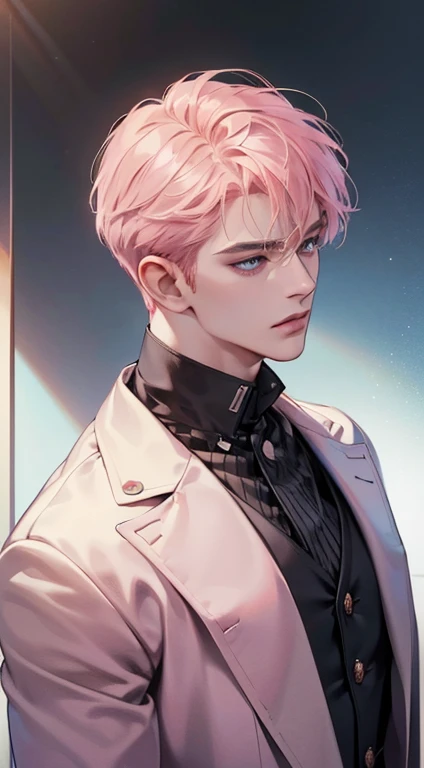 (best quality, masterpiece, 8K, photorealistic, cinematic lighting, 1:4 hdr image, top view, ultra detailed, beautiful image), a mature man, very handsome, short pink hair, blue eyes, perfect face without errors , ((buttoning his jacket, CEO))