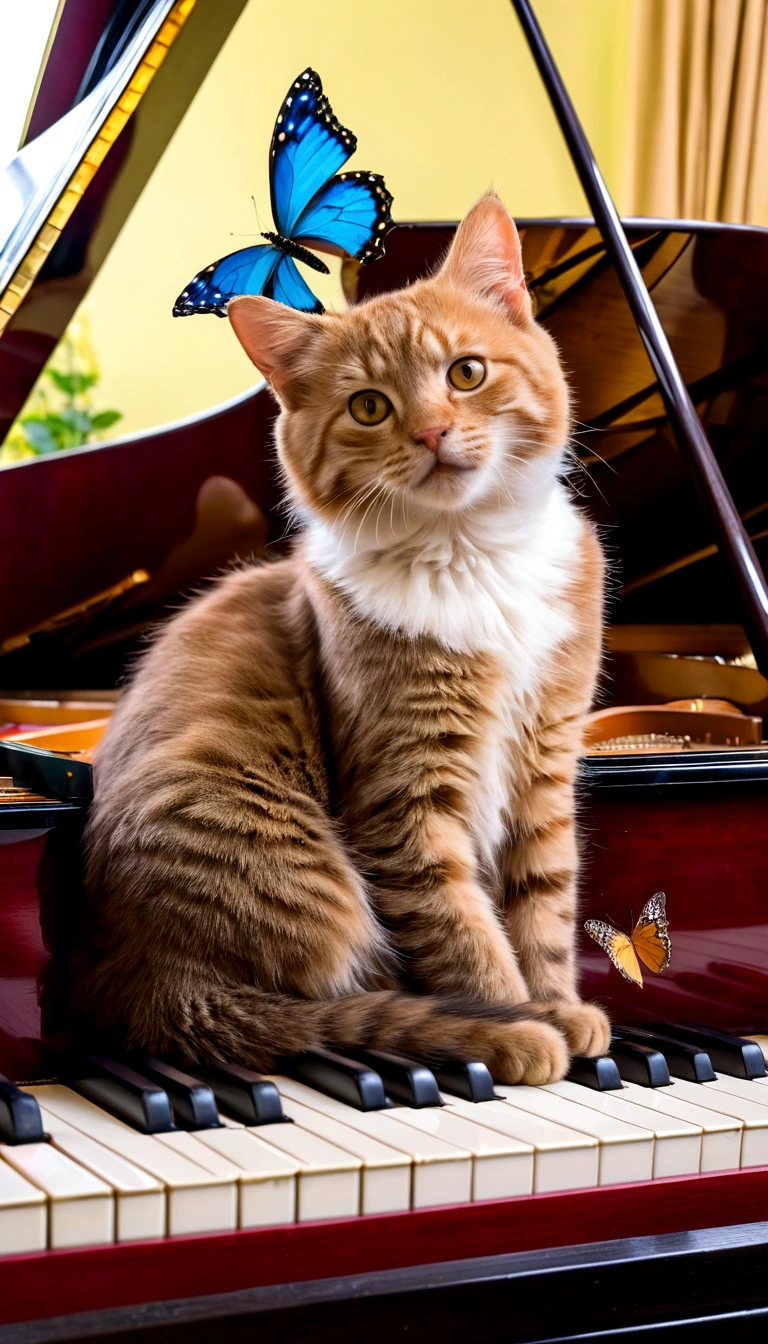 two cats playing the piano in a meadow., A gentle breeze is blowing. It changes ever so slightly. Butterflies are dancing.