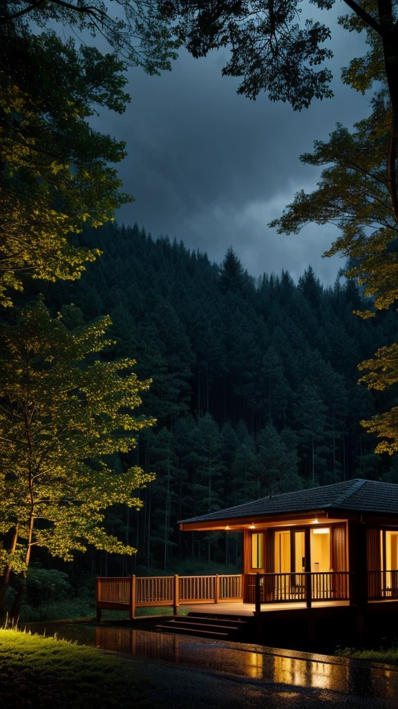 House in the Forest night The rainy scenery is spreading out from the window