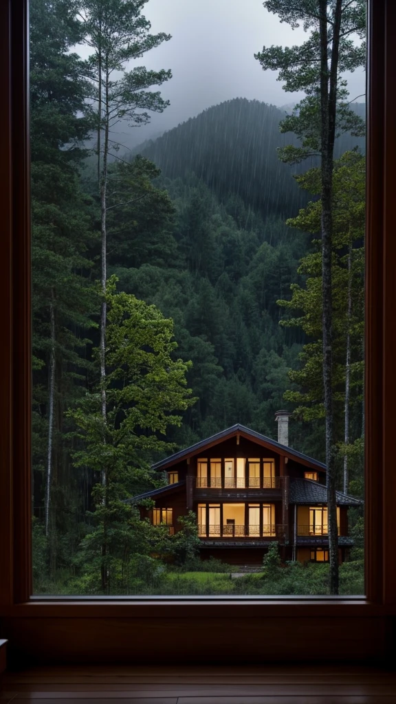 House in the Forest　night　The rainy scenery is spreading out from the window