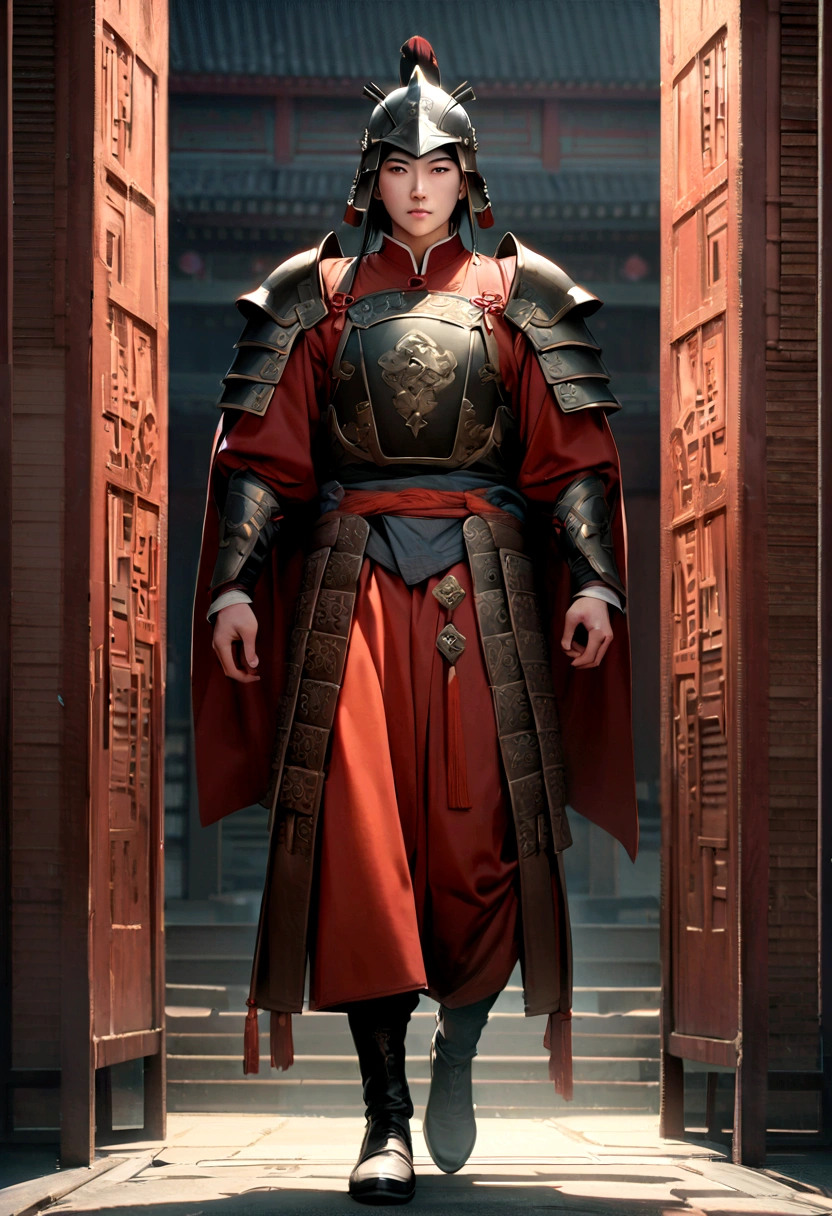25 year old Chinese man,realistic,chinese_Armor,alone,Background of ancient chinese cities,detailed_eye,shoulder_Armor,helmet,(검은 eye),looking at viewer,(masterpiece:1.2), (best quality:1.2), perfect eye, perfect face, perfect lighting, (8K),(complete anatomy),full body