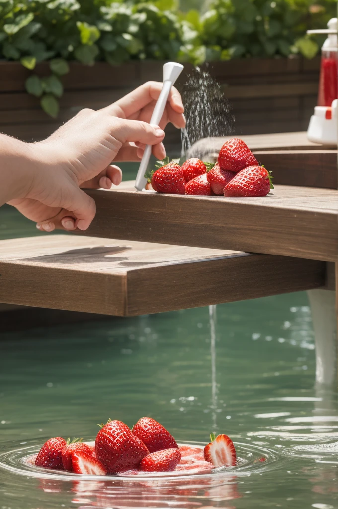 Washing strawberries in running water. High quality, realistic and realistic photo-like image.