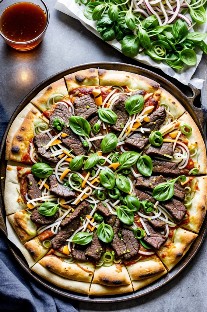 Vietnamese beef pho flavor pizza, Add sprouts and melted cheese