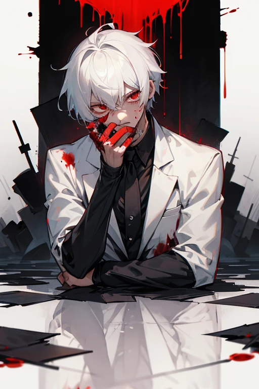 male、White Hair、Short Hair、Hair is slowly々Turns black、Black bristles、Black eats away at grey hair、Red Eye、Cold-blooded man、Handsome、Well-built、Cold Face、Well-formed face、despair、regret、Heartbroken、darknesy tears have dried、Apathy、Drooping、I sat down、There was blood on his face.、Blood splatter、
