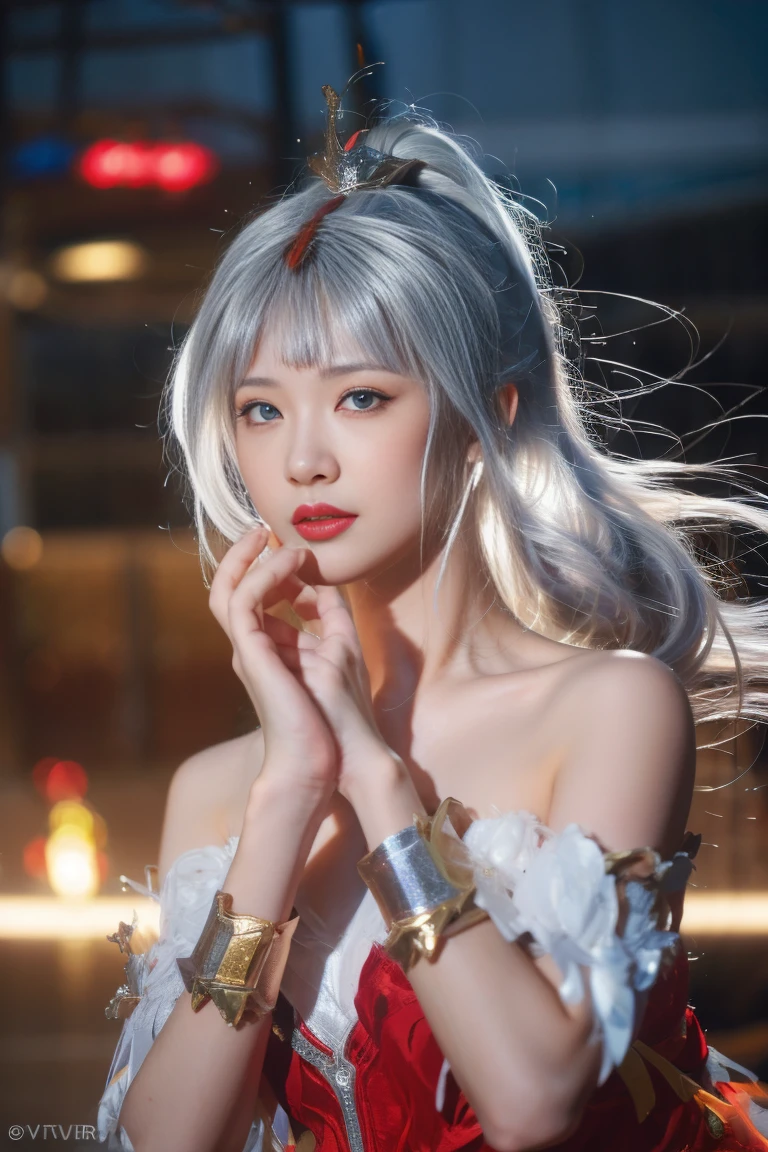 ulzzang-6500-v1.1,(raw photo:1.2),((photorealistic:1.4))best quality ,masterpiece, illustration, an extremely delicate and beautiful, extremely detailed ,CG ,unity ,8k wallpaper, finely detail, best quality,extremely detailed CG unity 8k wallpaper,absurdres, incredibly absurdres, huge filesize, ultra-detailed, highres, extremely detailed,beautiful detailed girl, extremely detailed eyes and face, beautiful detailed eyes,light on face,cinematic lighting, ,1girl, mature female, night, cityscape, looking at viewer, dress, hair bun,low ponytail, long hair,hair ribbon, cowboy shot, hair ornament, (silver hair:1.3), (looking at viwer:1.7),