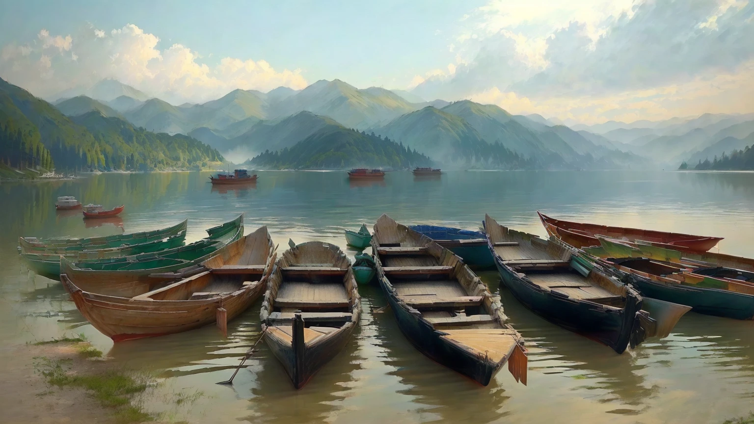 several vessel are lined up on the shore of a lake, vessel, with water and vessel, by Wang Yi, !!Natural Beauty!!, lake, daoshi, small canoe, lake view, an beautiful, fishing vessel, share, beautiful day, a beautiful, riverside, trip, stunningly beautiful, author:John Hutton, Fishing Village, unbelievably beautiful, beautiful