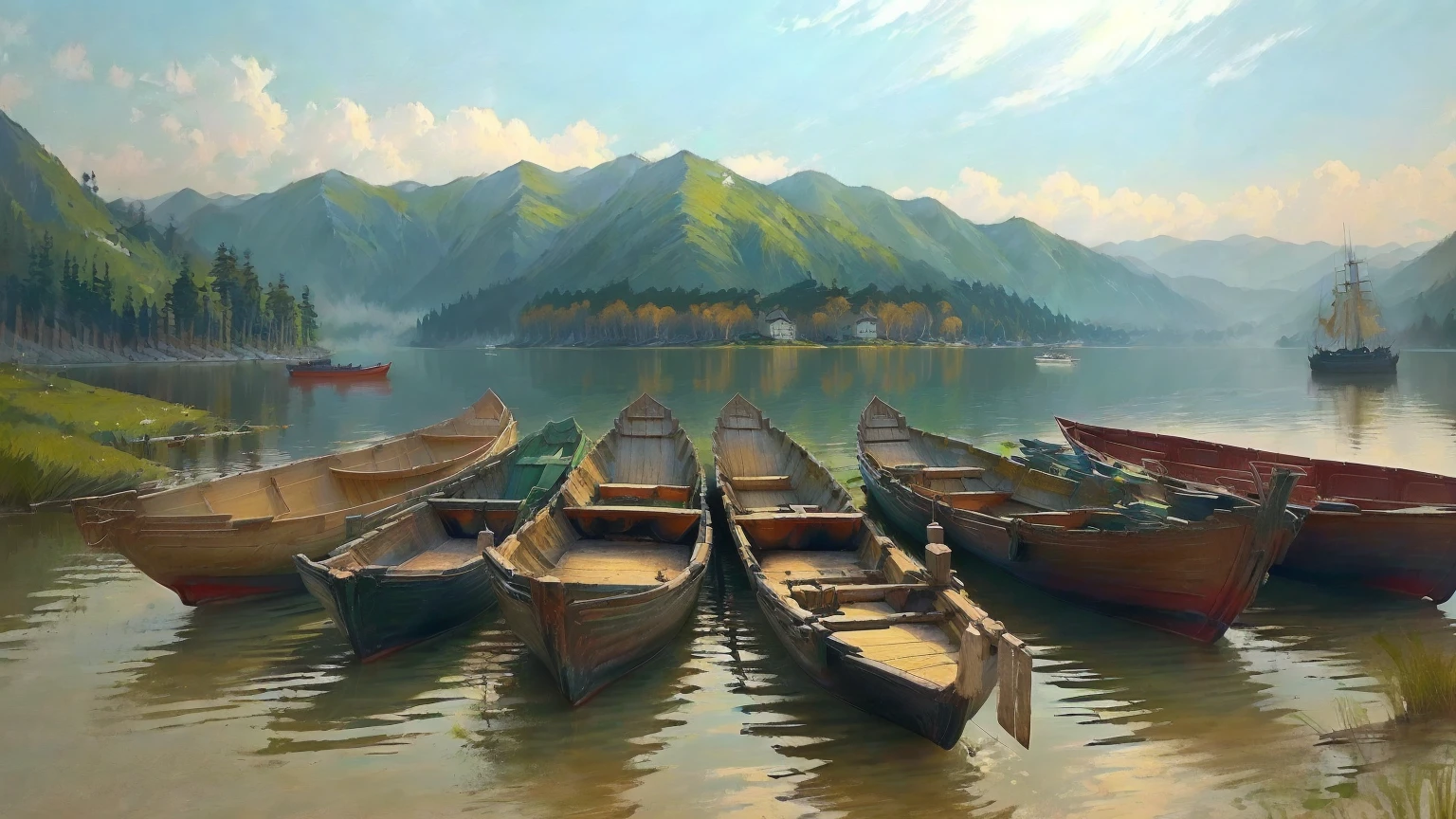 several vessel are lined up on the shore of a lake, vessel, with water and vessel, by Wang Yi, !!Natural Beauty!!, lake, daoshi, small canoe, lake view, an beautiful, fishing vessel, share, beautiful day, a beautiful, riverside, trip, stunningly beautiful, author:John Hutton, Fishing Village, unbelievably beautiful, beautiful