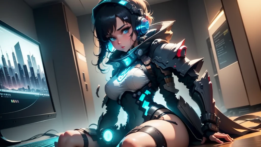 A gamer girl relaxing on the couch with a portable gaming device in her hands and headphones on, in your living room with a city skyline outside the window at night. Tenha cartazes de jogos na parede.