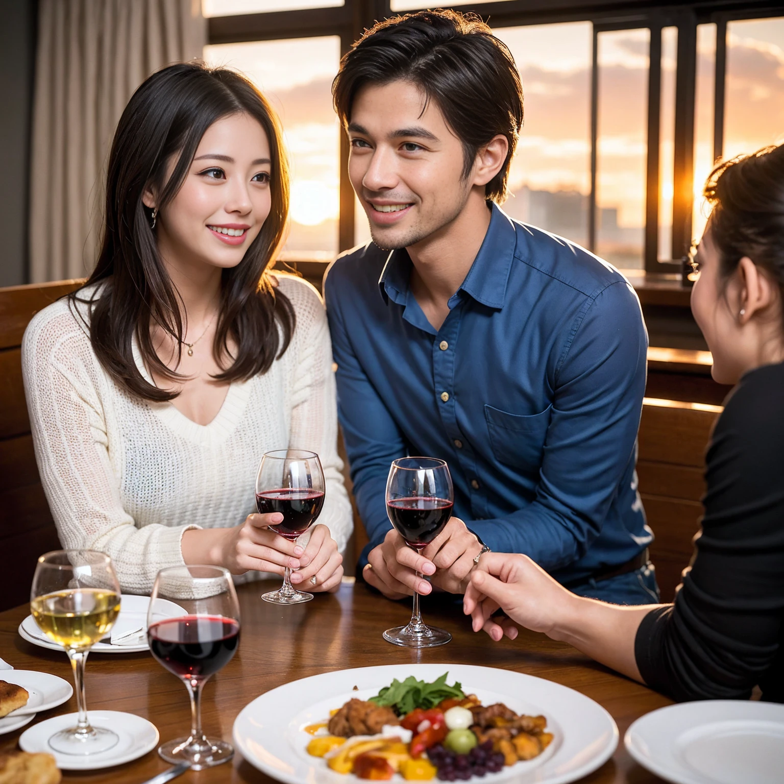 ((Highest quality、8k、masterpiece:1.3))、 (Genuineistic, Genuine、Bright image、Intricate details:1.2), 最高のsmile、1 male, 1 female、Beautiful couple、Satomi Ishihara-like lover、Good friends、actress couple、smile、Full-course dinner at a packed table、 (Slim face), (the body is slim), (Brown Hair), (short hair), テーブルのwine glass、Please shine a light on my face、 Amazing view of the sunset sky and clouds、 (36 years old)38 years old, red wine 、Appetizers、Wine bottle、sparkling wine、Long sleeve shirt、dress、White wine, red wine, wine glass,