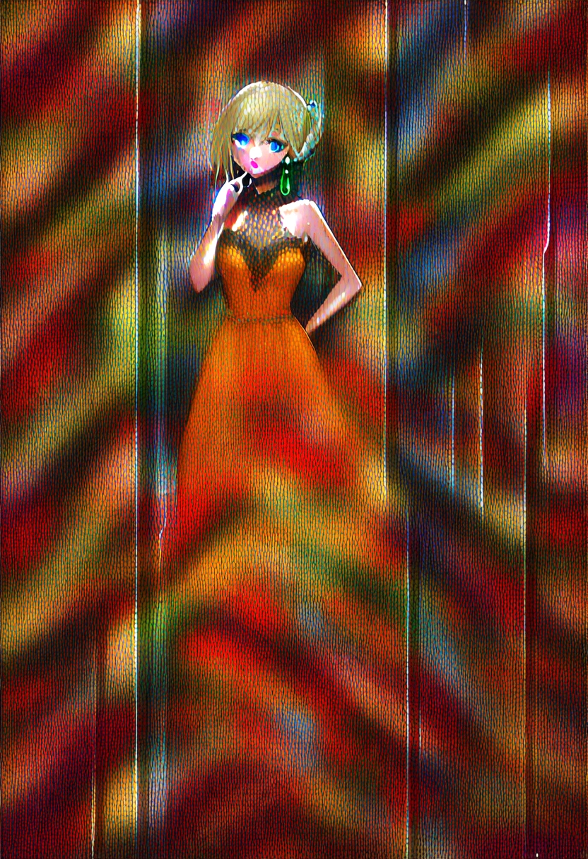 (((Solo, back, 1girl, alone, kohaku, blonde hair, blue eyes, tied hair), pink lipstick, Extremely detailed, ambient soft lighting, 4k, perfect eyes, a perfect face, perfect lighting, a 1girl)), austere, ((strapless blouse, high heels, stiletto heels, (orange blouse), malicious, jade earrings, gold jewelry, orange bouse, black pantalona tailoring pants, (orange satin halter blouse), (sleeveless blouse))), night sky, clouds, erotica, lots of erotica, (graffiti alley, graffiti walls, in an alley, night, moonlight, starry night)