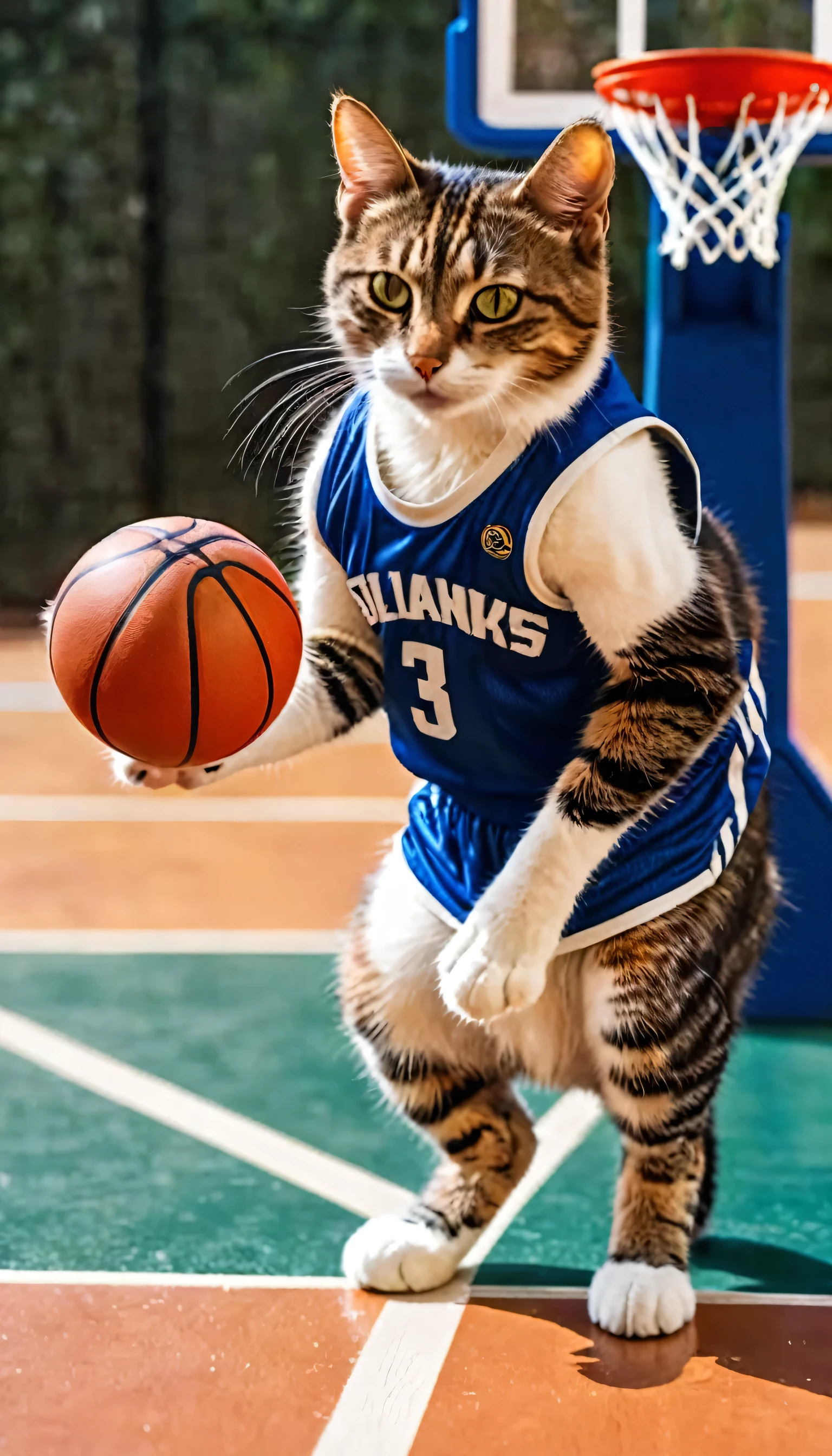 a sporty cat wearing a jersey, dribbling a small basketball, jumping to make a slam dunk, highly detailed, photorealistic, 8k, hyperrealistic, extremely detailed, intricate details, vivid colors, dynamic action pose, perfect lighting, cinematic composition, award winning photography