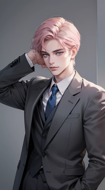 masterpiece, best quality, realistic, 1man, mature male, quiet and charming young man, 25 years old, close his eyes, serious look, extremely detailed face, smirk, ((dark grey blue eyes)), ((short-right-swept dark pink hair)), [thick eyebrows], detective, Plain background, ((suit)), cinematic lighting