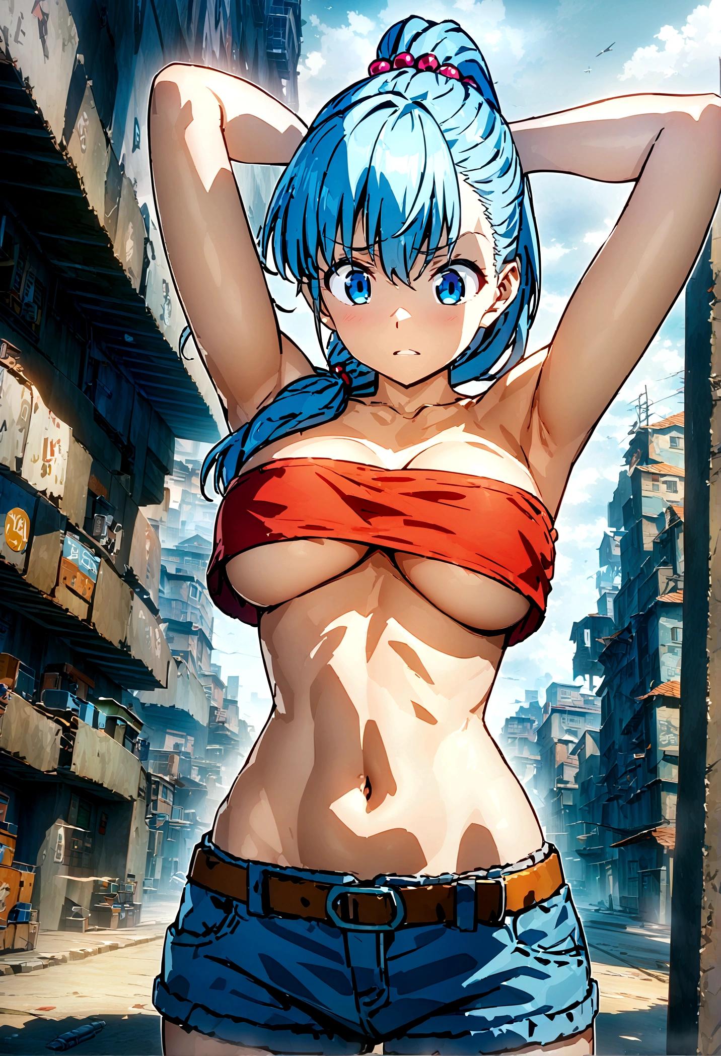 score_9, score_8_up, score_7_up, BREAK from front, ,macro shot,1girl,bulma, blue eyes, blue hair,bare shoulders, belt, cleavage, hair bobbles, hair ornament, hair over shoulder, ,large breasts,midriff, navel, one side up, red tube top, shorts, side ponytail, (strapless, tube top,under_boob:1.2),(arms up,arms up behind head,contrapost,standing),UHD,HDR,bestquality,anime,