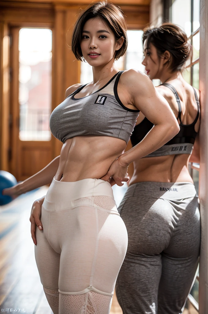 (((posterior view))), The highest image quality, High quality, 8K, (photographrealistic:1.4), (((Beauty 1 person))), Beautiful expression, Eyes and faces with detailed, (muscular body:1.2), (Woman exercising in gym), Smiling, (Beautiful lighting:1.3)), Super Detail, high detailing, High quality, High resolution, muscular build, large udder, (((Very short hair))), (((Beautuful Women))), Wearing leggings, (((Sports Bra))), (((Photo from head to thigh))), (((Standing Pose))), Depth of field f/1.8, Sharp Focus, Textured skin, Raw photography, realisitic, Photorealsitic, (((Big buttocks))), (((Big ass))),