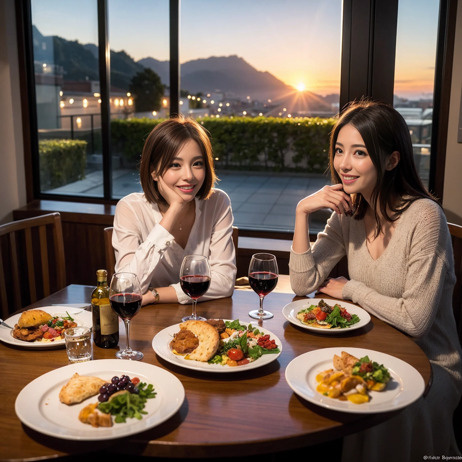 ((Highest quality、8k、masterpiece:1.3))、 (Genuineistic, Genuine、Bright image、Intricate details:1.2), 最高のsmile、1 male, 1 female、Beautiful couple、Satomi Ishihara-like lover、Good friends、actress couple、smile、Full-course dinner at a packed table、 (Slim face), (the body is slim), (Brown Hair), (short hair), テーブルのwine glass、Please shine a light on my face、 Amazing view of the sunset sky and clouds、 (42 years old)38 years old, red wine 、Appetizers、Wine bottle、sparkling wine、Long sleeve shirt、dress、White wine, red wine, wine glass,