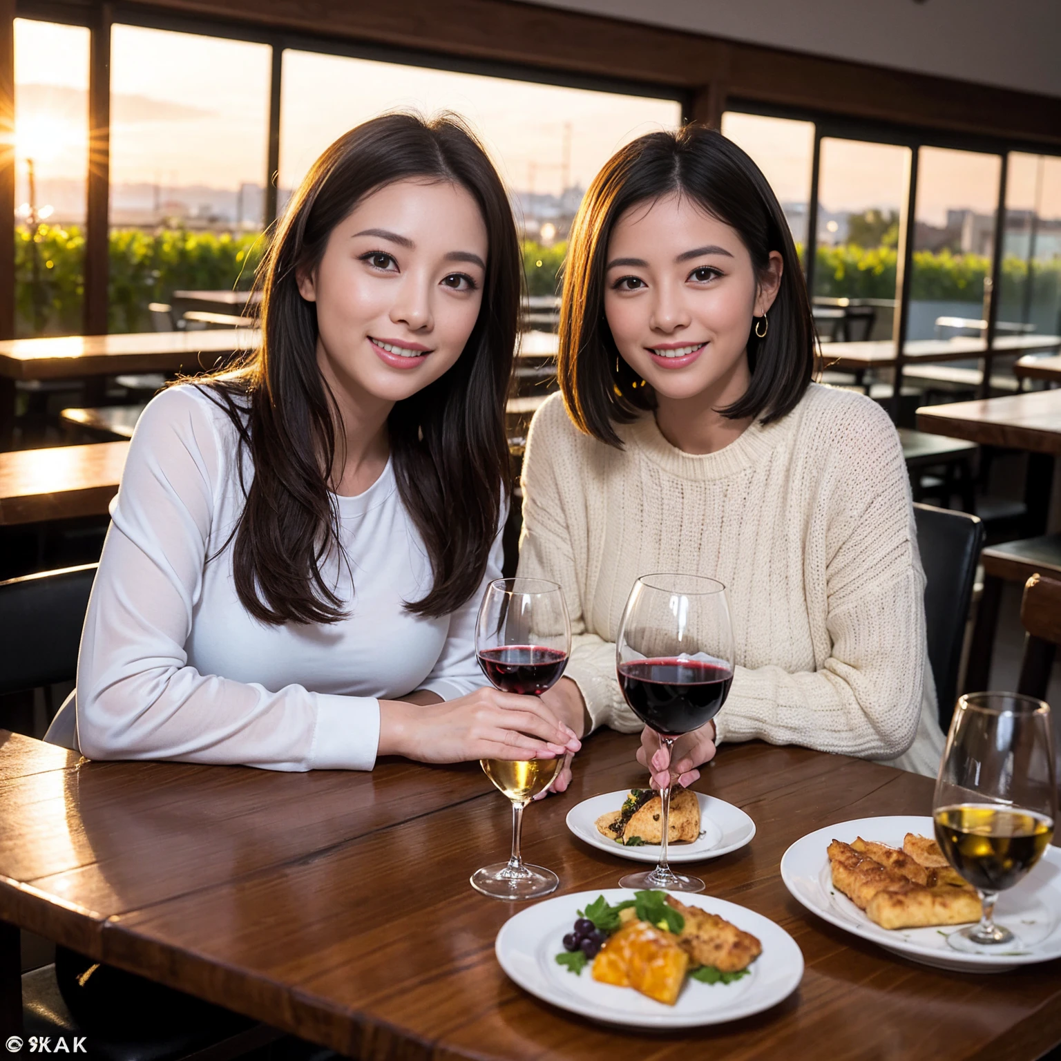 ((Highest quality、8k、masterpiece:1.3))、 (Genuineistic, Genuine、Bright image、Intricate details:1.2), 最高のsmile、1 male, 1 female、Beautiful couple、Satomi Ishihara-like lover、Good friends、actress couple、smile、Full-course dinner at a packed table、 (Slim face), (the body is slim), (Brown Hair), (short hair), テーブルのwine glass、Please shine a light on my face、 Amazing view of the sunset sky and clouds、 (42 years old)38 years old, red wine 、Appetizers、Wine bottle、sparkling wine、Long sleeve shirt、dress、White wine, red wine, wine glass,