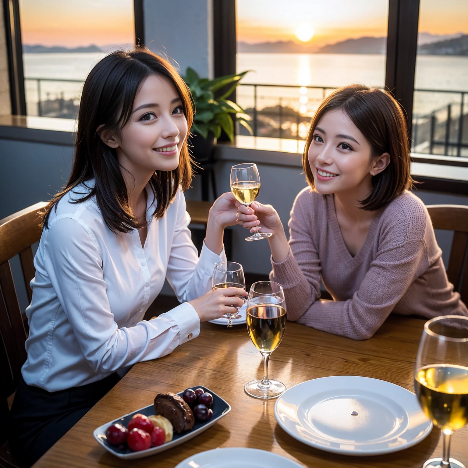 ((Highest quality、8k、masterpiece:1.3))、 (Genuineistic, Genuine、Bright image、Intricate details:1.2), 最高のsmile、1 male, 1 female、Beautiful couple、Satomi Ishihara-like lover、Good friends、actress couple、smile、Full-course dinner at a packed table、 (Slim face), (the body is slim), (Brown Hair), (short hair), テーブルのwine glass、Please shine a light on my face、 Amazing view of the sunset sky and clouds、 (42 years old)38 years old, red wine 、Appetizers、Wine bottle、sparkling wine、Long sleeve shirt、dress、White wine, red wine, wine glass, 