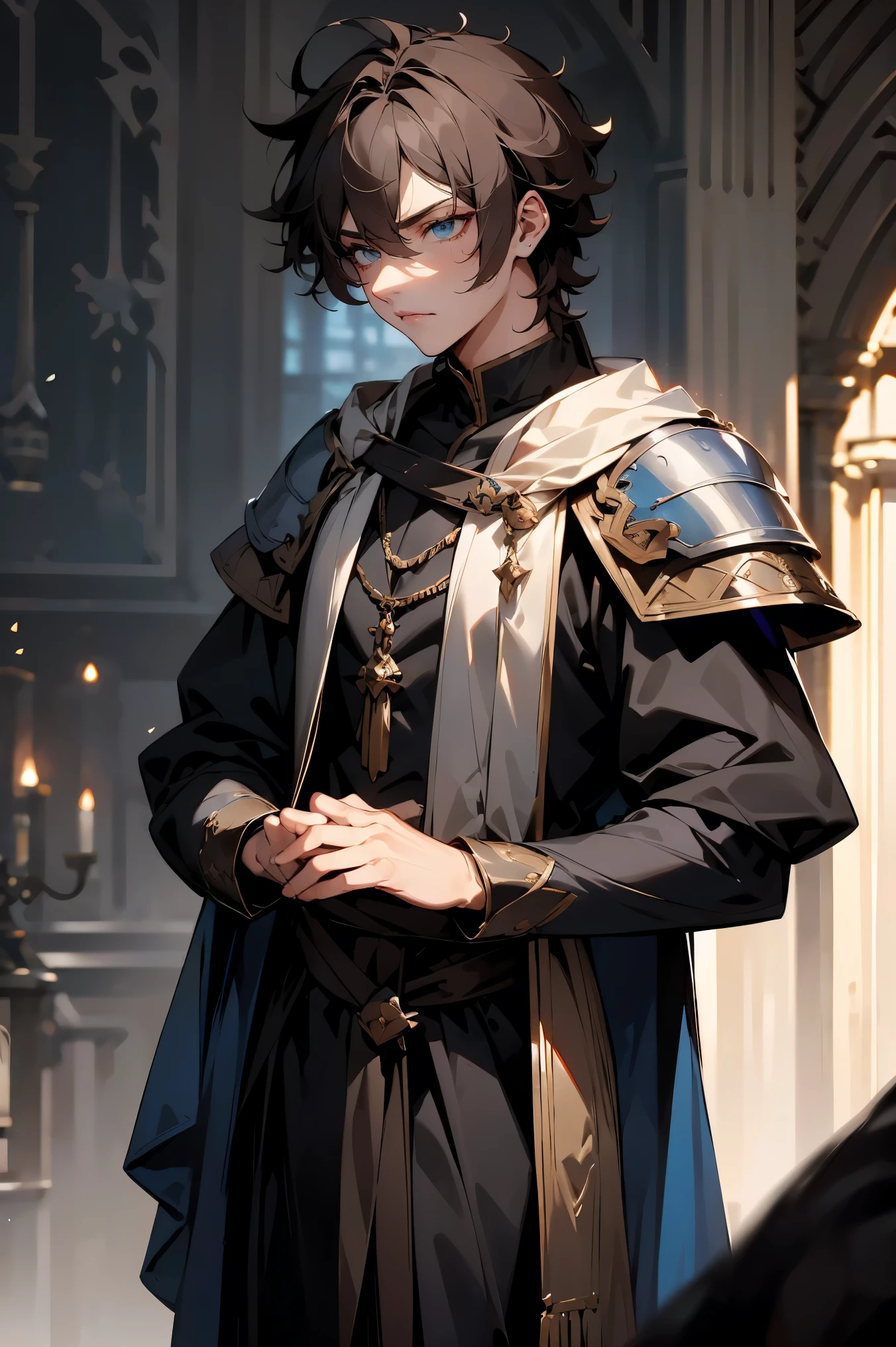 male character, royalty, prince, short hair, cold gaze, medieval aesthetics, luxurious clothes, looking down, armor pieces, crown, cold colors, celshaded, ashy colors, mysterious vibe, sharp eyes, bishonen, dark brown hair, messy hair, intense eyes, condescending pose and expression, prideful character. arrogant, young adult, dark medieval inspiration