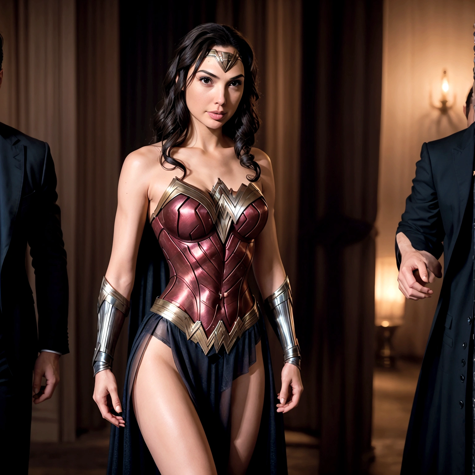 Wonder Woman (Gal gadot age 30) in a lovely sheer evening dress, looking adorably insecure and awkward as she approaches Bruce Wayne, fancy gala