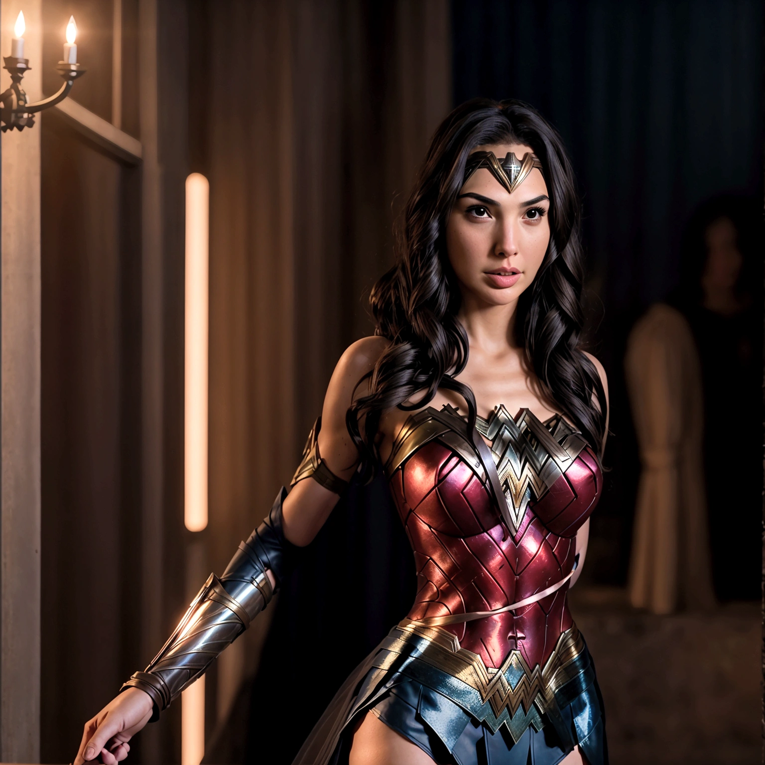 Wonder Woman (Gal gadot age 30) in a lovely sheer evening dress, looking adorably insecure and awkward as she approaches Bruce Wayne, fancy gala