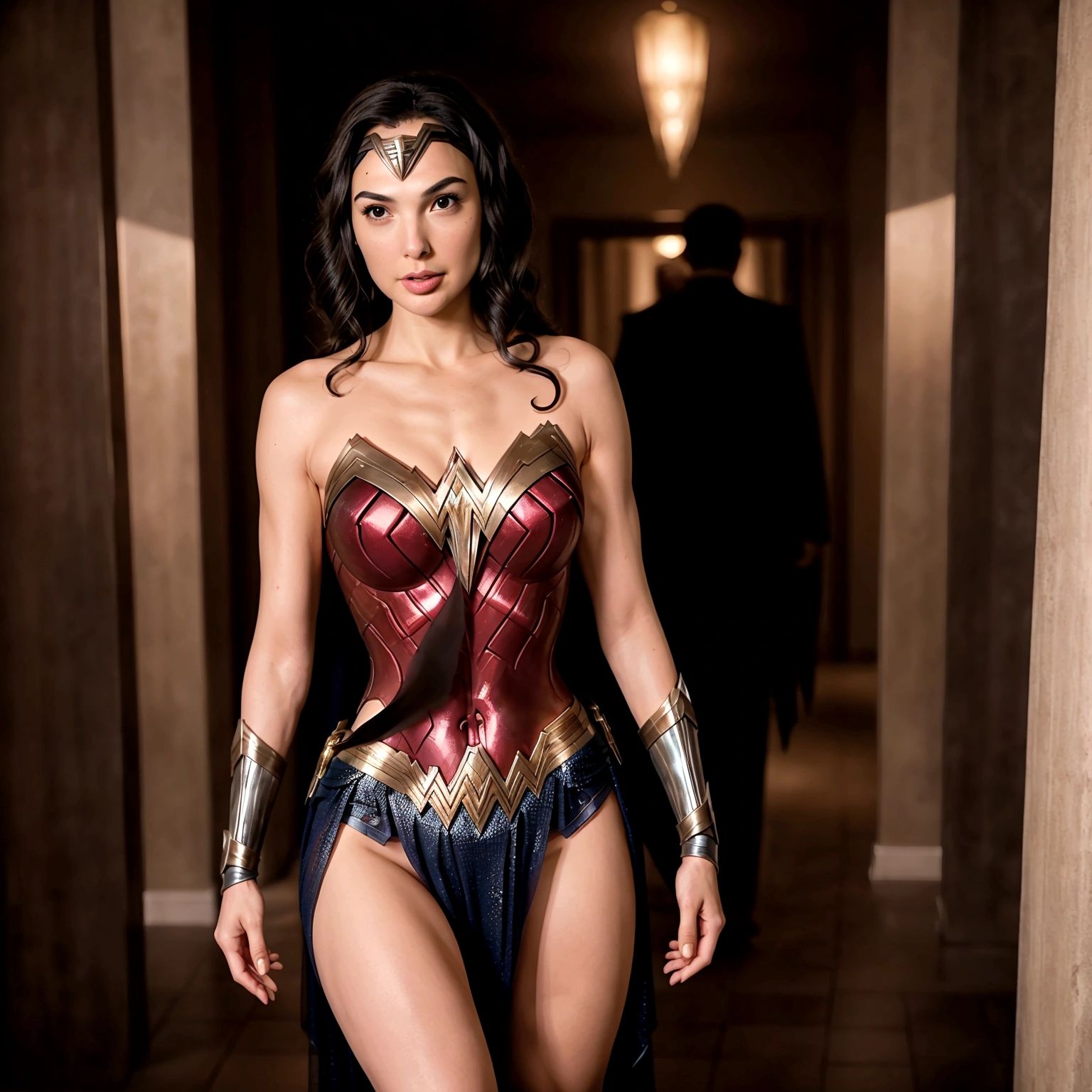 Wonder Woman (Gal gadot age 30) in a lovely sheer evening dress, looking adorably insecure and awkward as she approaches Bruce Wayne, fancy gala
