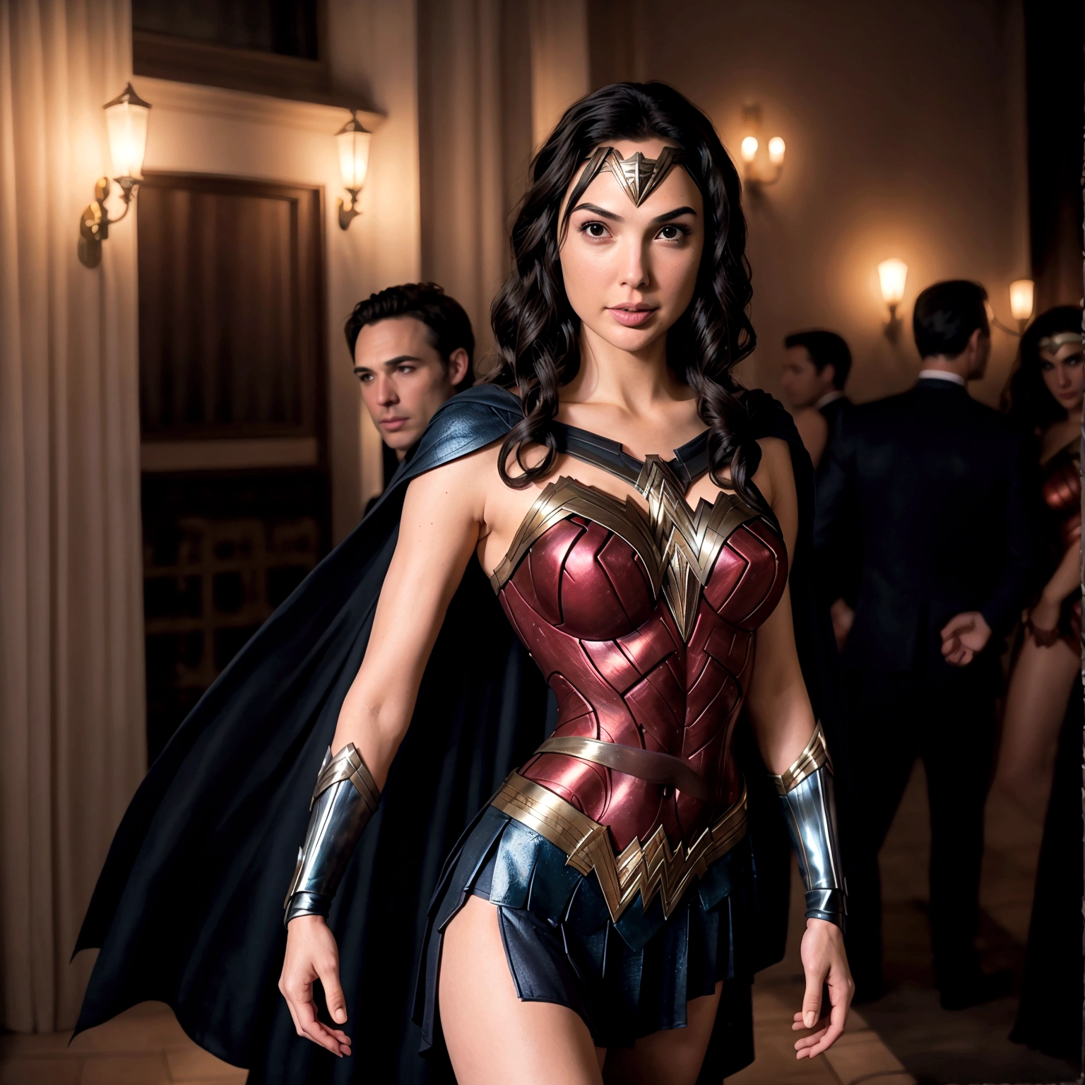 Wonder Woman (Gal gadot age 30) in a lovely sheer evening dress, looking adorably insecure and awkward as she approaches Bruce Wayne, fancy gala