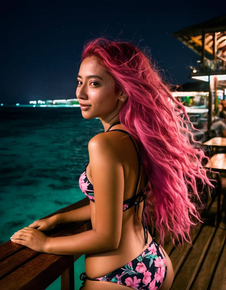 photorealistic, Best quality, hyper-detailed, beautiful latina woman, long pink hair,windy hair, portrait portrait photo, upper body, at maldives sea cafe, cafe , night time shot, wearing  wearing a Tankini bikini floral patter , Snapchat photo style, Instagram analog style, looking away, backside shot, skin texture, film grain, ultra high resolution, shadow best, RAW, Instagram ,long pink hair, windy hair, soft smile, Maldives Sea Cafewide angle shot,night time, full body photo
