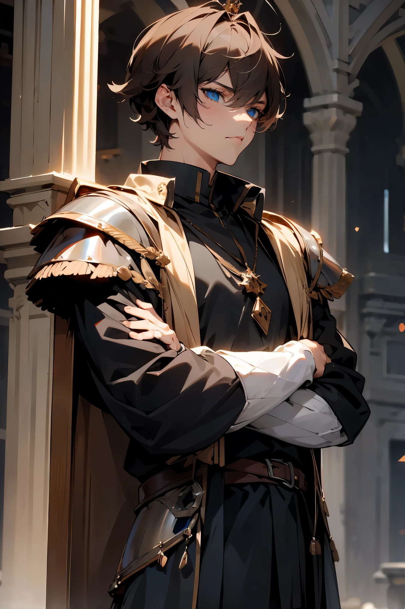 male character, royalty, prince, short hair, cold gaze, medieval aesthetics, luxurious clothes, looking down, armor pieces, crown, cold colors, celshaded, ashy colors, mysterious vibe, sharp eyes, bishonen, dark  brown hair, messy hair, blue eyes, condescending pose and expression, prideful character. arrogant,  adult, dark medieval inspiration