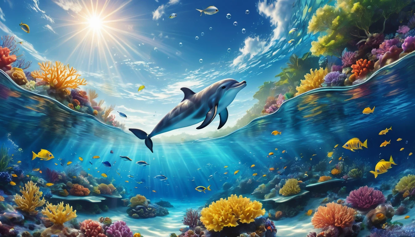 (Underwater:1.2), ocean, fast water flow, transparent, colorful coral reef, school of tropical fish, light, bubble, jumping dolphin, seaweed, (shallow sea:1.2), sunlight, fantasy, ocean floor, floating, best quality, masterpiece, clouds, colorful, blue sky,
Create a digital illustration of landscape, scenery, underwater, with clear and delicate lines. Low-fi, the morning sun's light reaching into the water, the scene is cozy and warm with beautiful light. The lighting should be soft and golden like colorful flowers, and the art style should be detailed like fantasy art with accurate depiction of delicate and fine lines. The overall look should be clear and dreamy atmosphere. Focus on a magical and enchanting environment. No land part is required, only underwater. People are not allowed, no people in the photo.