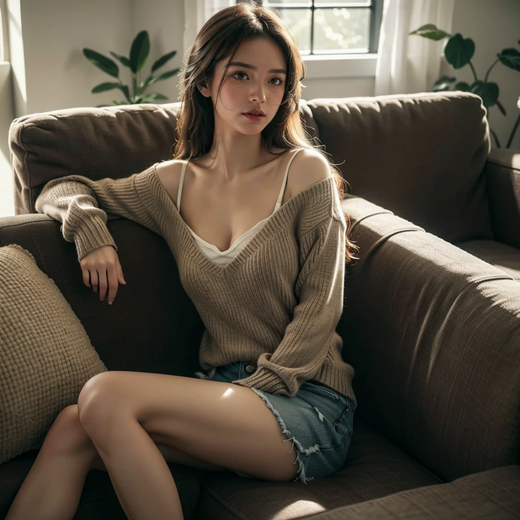 1girl, solo, sitting on cozy couch, crossing legs, soft lighting, medium breasts, cleavage, cozy sweater, shorts, (best quality,4k,8k,highres,masterpiece:1.2),ultra-detailed,(realistic,photorealistic,photo-realistic:1.37),HDR,UHD,studio lighting,ultra-fine painting,sharp focus,physically-based rendering,extreme detail description,professional,vivid colors,bokeh,cozy,relaxed,comfortable