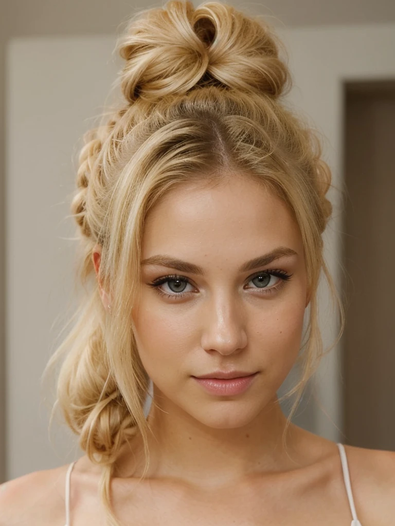 an eye contact of a blond with bun hair nul sexy dans un salon corp entier