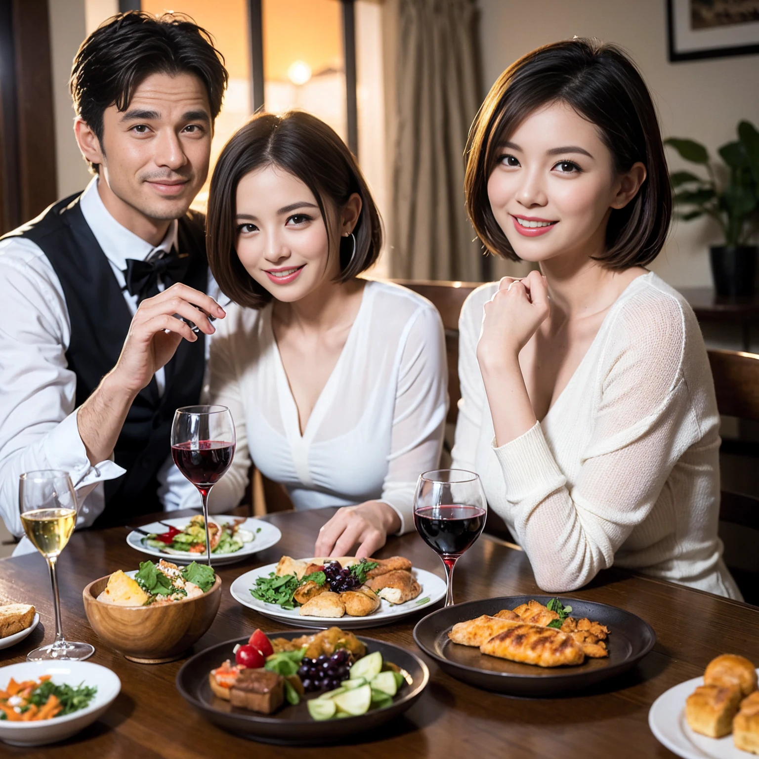 ((Highest quality、8k、masterpiece:1.3))、 (Genuineistic, Genuine、Bright image、Intricate details:1.2), 最高のsmile、1 male,1 female、Beautiful couple、spouse、fiancee、Good friends、actress couple、smile、Full-course dinner at a packed table、 (Slim face), (the body is slim), (Brown Hair), (short hair), テーブルのwine glass、Please shine a light on my face、 Amazing view of the sunset sky and clouds、 (42 years old)38 years old, red wine 、Appetizers、Wine bottle、sparkling wine、Long sleeve shirt、dress、White wine, red wine, wine glass, 