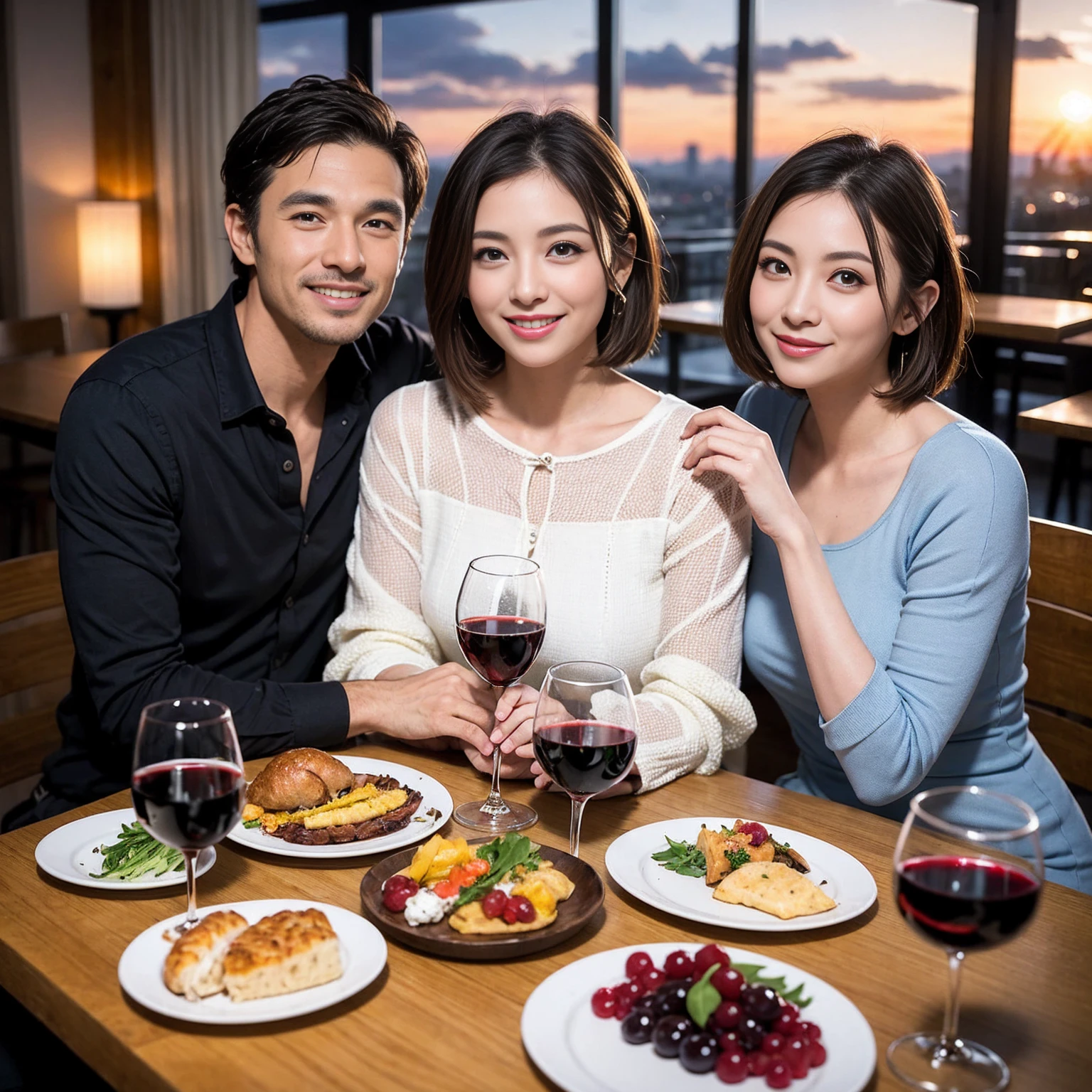 ((Highest quality、8k、masterpiece:1.3))、 (Genuineistic, Genuine、Bright image、Intricate details:1.2), 最高のsmile、1 male,1 female、Beautiful couple、spouse、fiancee、Good friends、actress couple、smile、Full-course dinner at a packed table、 (Slim face), (the body is slim), (Brown Hair), (short hair), テーブルのwine glass、Please shine a light on my face、 Amazing view of the sunset sky and clouds、 (42 years old)38 years old, red wine 、Appetizers、Wine bottle、sparkling wine、Long sleeve shirt、dress、White wine, red wine, wine glass, 
