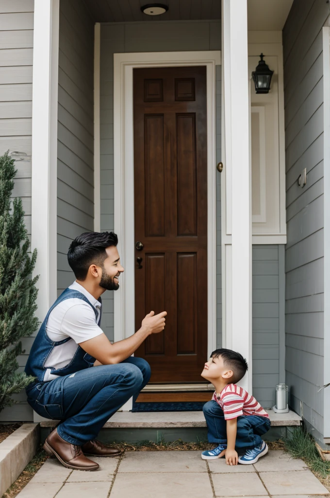 Creates a grateful little boy with a man outside a house
