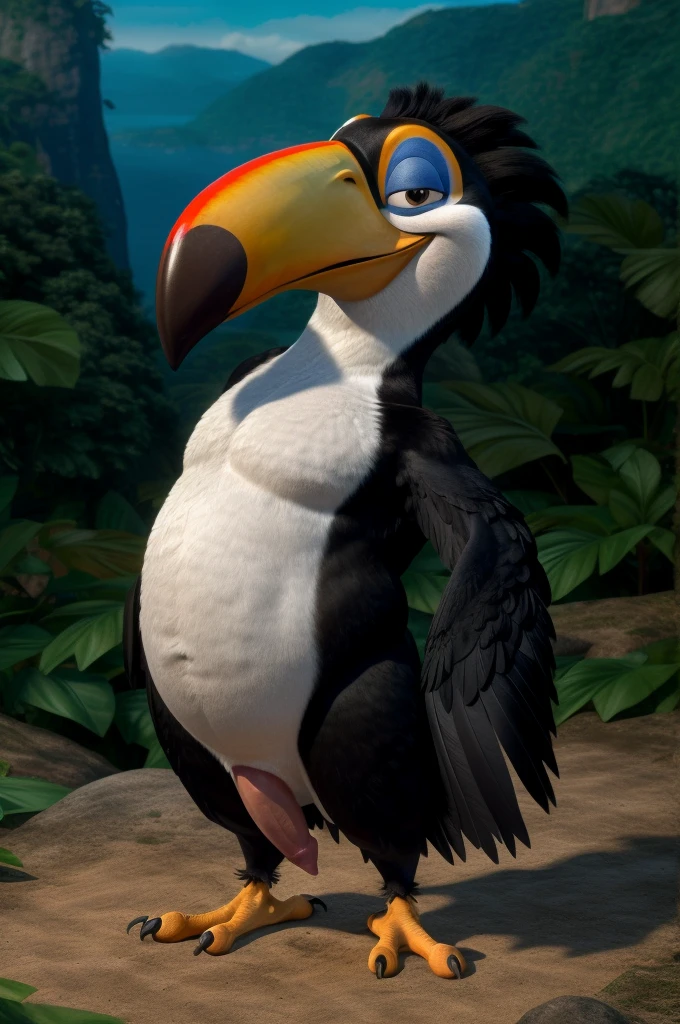 ((NSFW, sexual)), rio movie, jungle landscape, Rafael a male toucan, Black and white feathers, avian, ((anthro)), human body, furry, feathered arms, chubby body, ((exposing big tapering penis,)), standing, brown eyes, bedroom eyes, seductive, smiling, realistic, digitigrade legs, detailed eyes