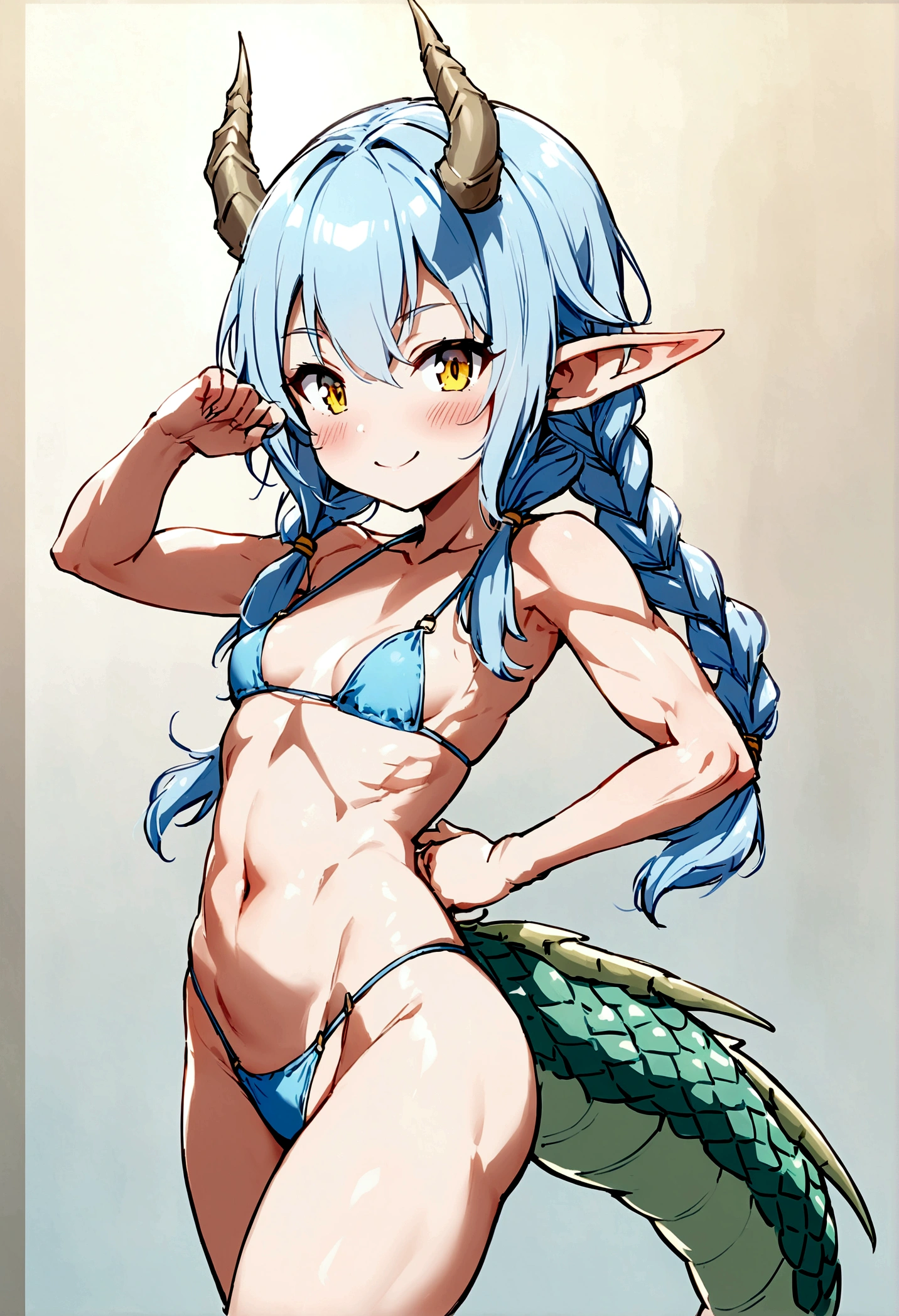 cute young girl, light blue hair, long hair, small braids hair, yellow eyes, dragon horn, dragon tail, elf ear, muscular body, small breast, sexy body, bikini, sexy pose, blushing, smile