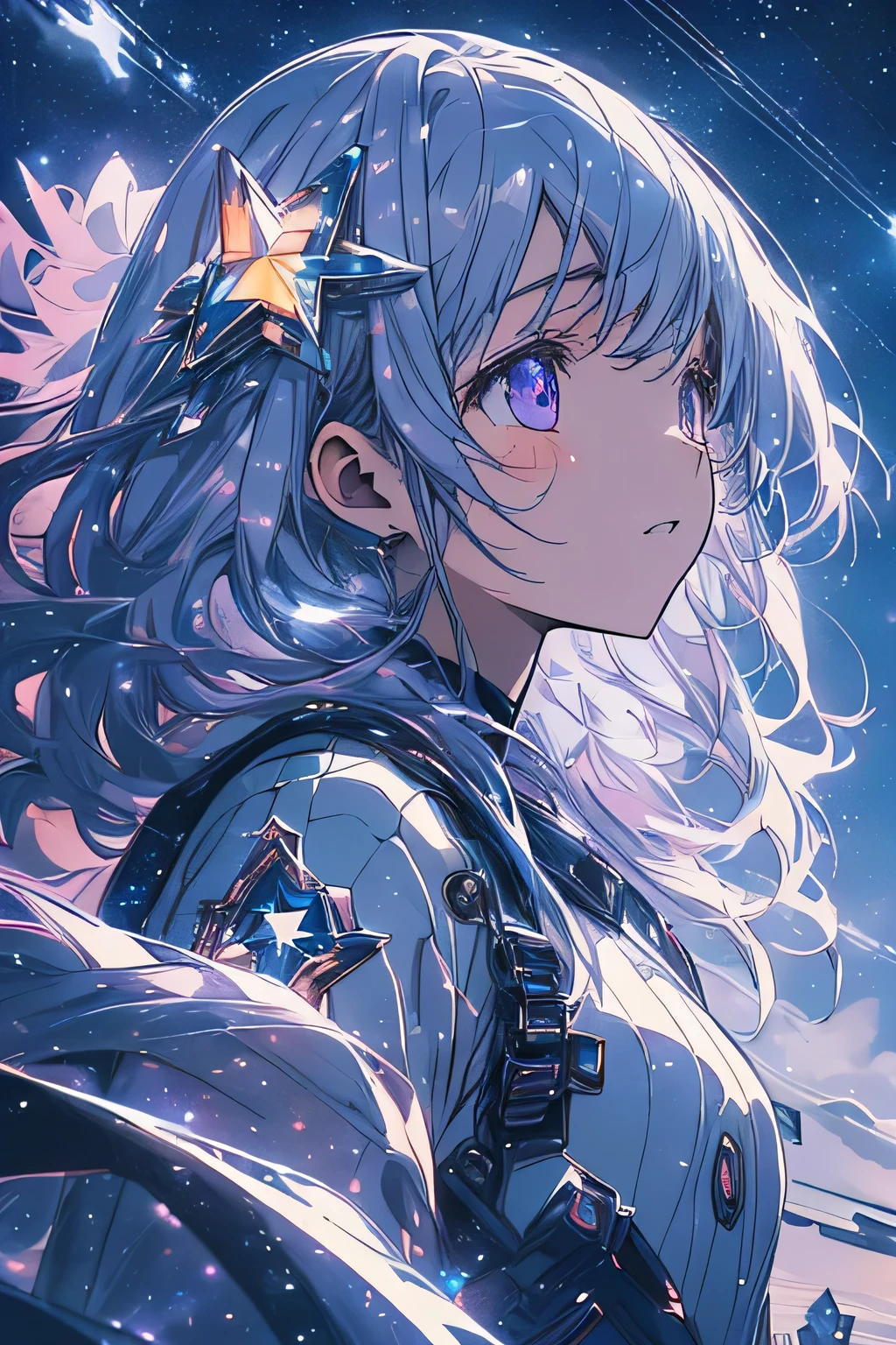 Confused。High resolution, (An illustration:1.3)、 (Flying debris),
anime、((Highest quality),(Very detailed),(beautiful),(Stars in the night sky々Girl looking up:1.6),alone(:1.6)、Cute face、whole bodyエスビアン、White and translucent skin、 beautifuldetailed purple eyes、(Long hair that shines silver in the dark:1.4)、 shy、Low Angle、(whole bodyエスビアン)、Low Angle、Cute one-piece figure、Detailed meteor shower、whole body