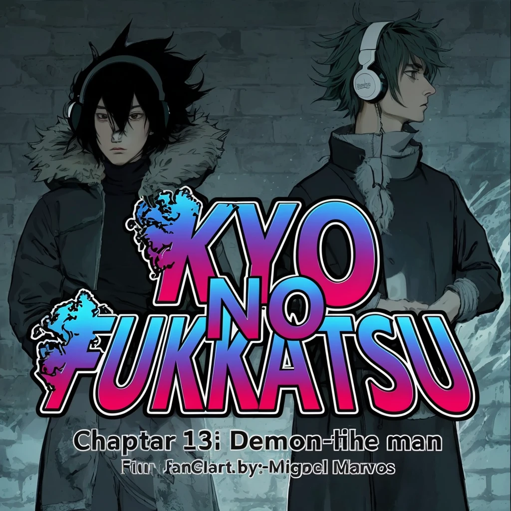 The title "Kyo No Fukkatsu" is prominently displayed in the center of the image in large, bold letters, The title uses a gradient color scheme transitioning from blue to pink, which gives it a vibrant and eye-catching look, The edges of the title text are decorated with a stylized icy or fiery effect, which adds a dynamic and dramatic flair, Below the title, the chapter title "Chapter 13: Demon-like man" is written in a clear, sans-serif font, indicating the specific installment of the series, The credit "Story and art by: Miguel Marcos" is also included, acknowledging the creator of the work, This text is smaller but still legible and well-integrated into the overall design, The character on the left has spiky, dark hair that adds to their intense appearance. The hair is styled in a way that suggests a wild or untamed personality, They have a serious and somewhat stern facial expression, with slightly downturned eyes and a neutral mouth, The character is dressed in a dark jacket with a large, fluffy fur collar that is prominently highlighted, The jacket appears to be thick and suitable for cold weather, adding to the character's rugged look, Their posture is relaxed but alert, with hands possibly in pockets, conveying a sense of readiness and calm confidence, The character on the right has short, spiky green hair, which stands out against the darker, more subdued background, They are wearing large, white headphones with a prominent logo on the ear cups, suggesting a connection to music or technology, Their facial expression is focused and slightly aloof, with eyes looking off to the side, which gives them an air of detachment or deep thought, This character is also wearing a dark jacket, though it is of a different style than the left character's, with a high collar and fewer details, The jacket looks sleek and functional, Their posture is upright with hands out of sight, perhaps in pockets or behhind their back, which adds to their composed demeanor