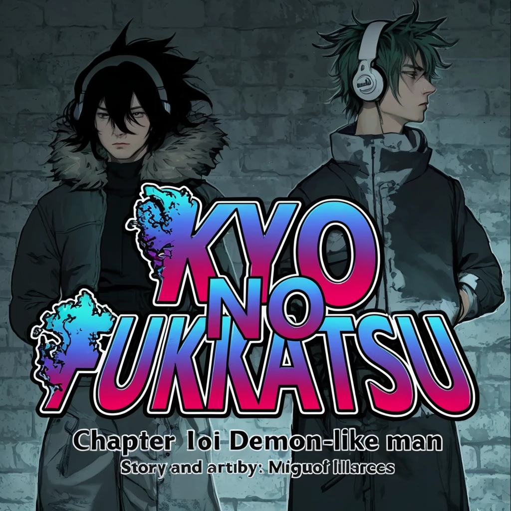 The title "Kyo No Fukkatsu" is prominently displayed in the center of the image in large, bold letters, The title uses a gradient color scheme transitioning from blue to pink, which gives it a vibrant and eye-catching look, The edges of the title text are decorated with a stylized icy or fiery effect, which adds a dynamic and dramatic flair, Below the title, the chapter title "Chapter 13: Demon-like man" is written in a clear, sans-serif font, indicating the specific installment of the series, The credit "Story and art by: Miguel Marcos" is also included, acknowledging the creator of the work, This text is smaller but still legible and well-integrated into the overall design, The character on the left has spiky, dark hair that adds to their intense appearance. The hair is styled in a way that suggests a wild or untamed personality, They have a serious and somewhat stern facial expression, with slightly downturned eyes and a neutral mouth, The character is dressed in a dark jacket with a large, fluffy fur collar that is prominently highlighted, The jacket appears to be thick and suitable for cold weather, adding to the character's rugged look, Their posture is relaxed but alert, with hands possibly in pockets, conveying a sense of readiness and calm confidence, The character on the right has short, spiky green hair, which stands out against the darker, more subdued background, They are wearing large, white headphones with a prominent logo on the ear cups, suggesting a connection to music or technology, Their facial expression is focused and slightly aloof, with eyes looking off to the side, which gives them an air of detachment or deep thought, This character is also wearing a dark jacket, though it is of a different style than the left character's, with a high collar and fewer details, The jacket looks sleek and functional, Their posture is upright with hands out of sight, perhaps in pockets or behhind their back, which adds to their composed demeanor
