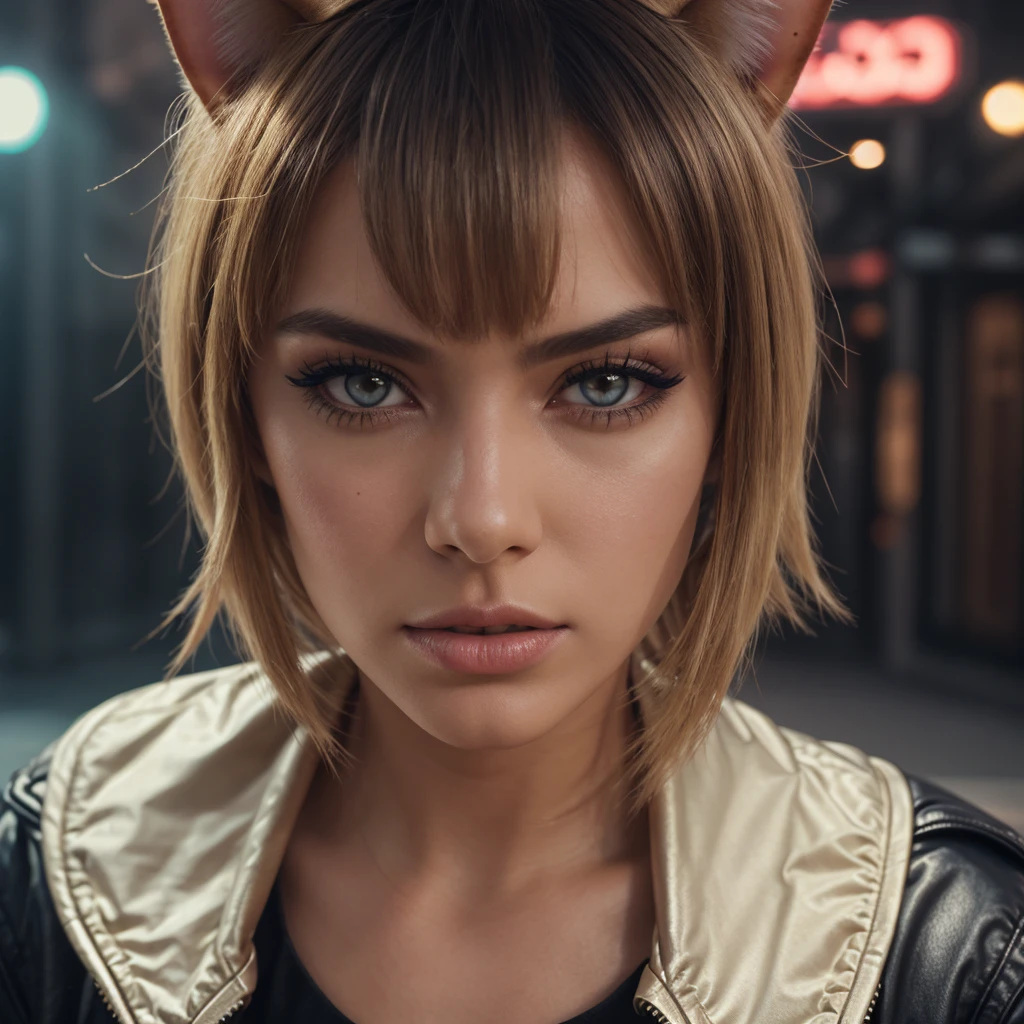 1girl, blond hair, cat_ears, animal_ears, solo, dark_skin, tan_skin, foggy neon futuristic, summer jacket, sakura falling, portrait style, looking_at_viewer, cinematic lighting, eyeliner, makeup, emotional, highly detailed, wide shot, sharp focus, ring light, rim lighting, octane render, ring light, rim lighting, nvinkpunk, samdoesarts