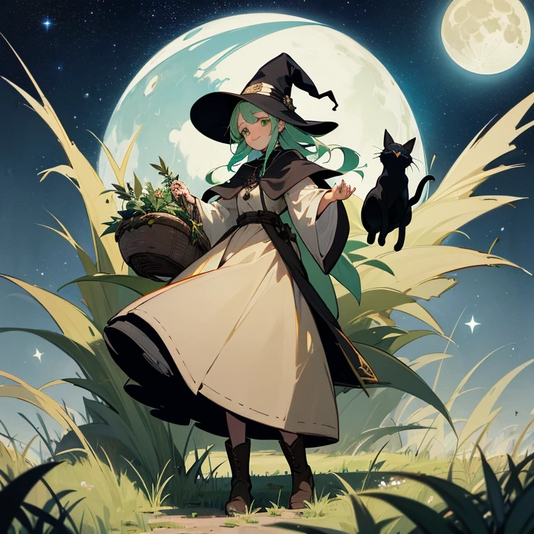 color々A witch around 25 years old carrying a large basket filled with medicinal herbs..　、beige dress、Black colored cloak、　dark brown long boots、　green eyes、　 smile　、Bluestone Pendant、night、　starry sky、　moon、buddy black cat、　　grassland　、Colorful flowers々
