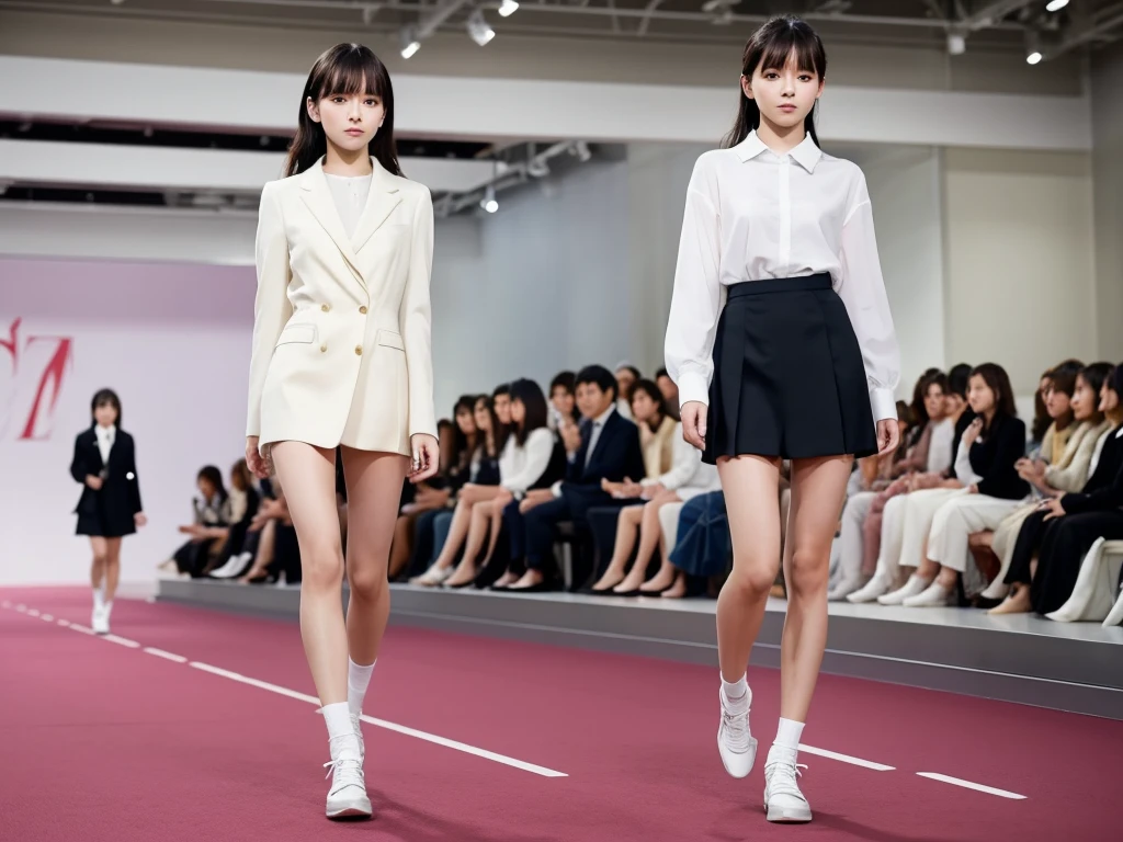 An extremely beautiful Japanese high school girl race queen who highlights her beautiful legs、Photographed walking down the runway at Zara&#39;s new underwear fashion show、She is an eternal idol who combines a clean look with modern charm.。 She creates such beauty。 She feels her own warmth。 She creates a warm atmosphere。 We create beauty。 That&#39;s what I want to say。 In her full body photo、The figure features porcelain-like skin and golden hair that radiates a soft glow.。 This is probably、It captured the essence of her timeless charm.、This is the best shot ever.。 Each straight line and curve is carefully expressed.、Breathtakingly beautiful with impeccable detail。 This piece perfectly captures her timeless beauty.。 Divine Proportions、Sharp focus、Full-body photo taken by Kishin Shinoyama、high quality、High resolution、Detailed Background
