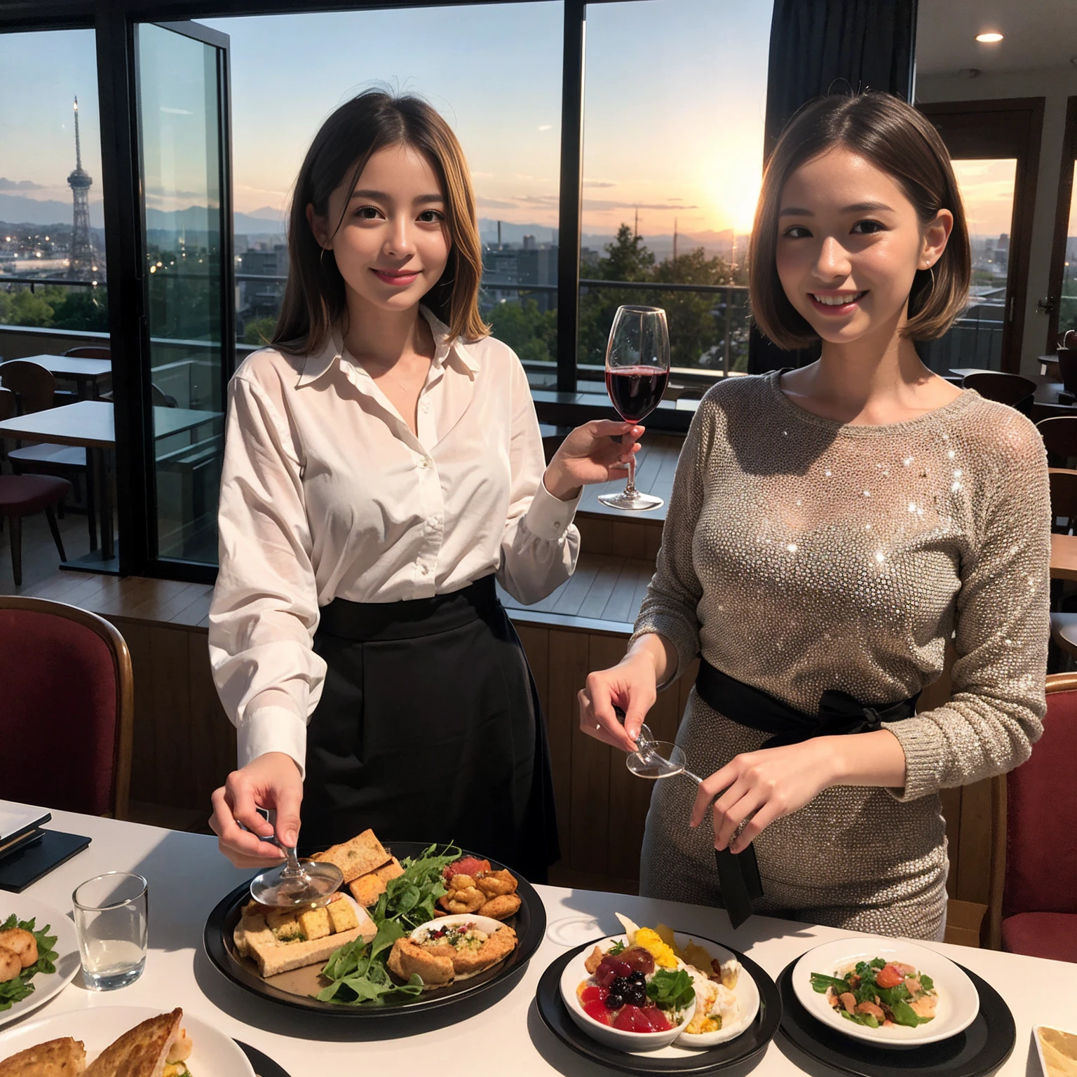 ((Highest quality、8k、masterpiece:1.3))、 (Genuineistic, Genuine、Bright image、Intricate details:1.2), 最高のsmile、1 male, 1 female、Beautiful couple、Satomi Ishihara-like lover、Good friends、actress couple、smile、Full-course dinner at a packed table、 (Slim face), (the body is slim), (Brown Hair), (short hair), テーブルのwine glass、Please shine a light on my face、 Amazing view of the sunset sky and clouds、 (36 years old)33 years old, red wine 、Appetizers、Wine bottle、sparkling wine、Long sleeve shirt、dress、White wine, red wine, wine glass,