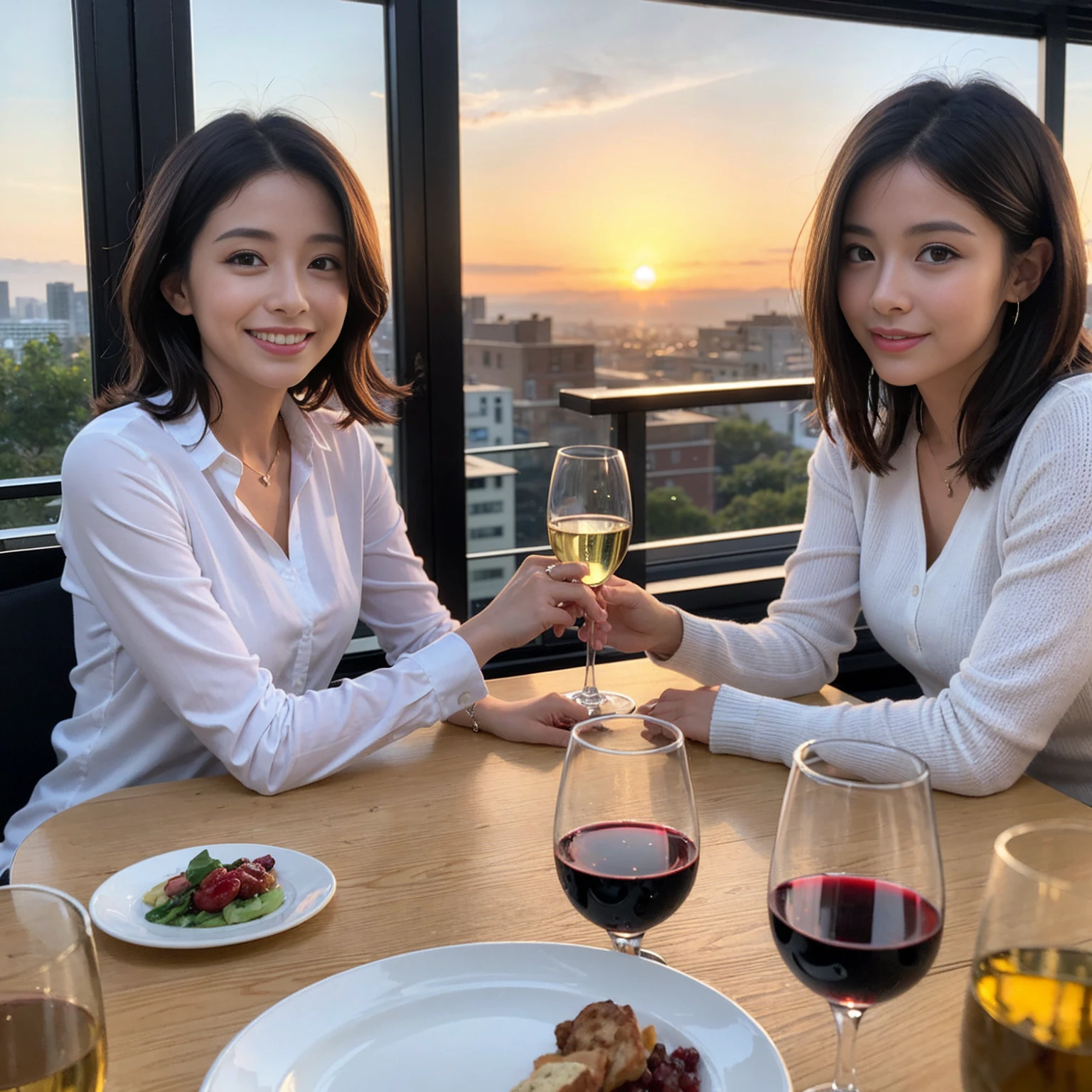 ((Highest quality、8k、masterpiece:1.3))、 (Genuineistic, Genuine、Bright image、Intricate details:1.2), 最高のsmile、1 male, 1 female、Beautiful couple、Satomi Ishihara-like lover、Good friends、actress couple、smile、Full-course dinner at a packed table、 (Slim face), (the body is slim), (Brown Hair), (short hair), テーブルのwine glass、Please shine a light on my face、 Amazing view of the sunset sky and clouds、 (36 years old)33 years old, red wine 、Appetizers、Wine bottle、sparkling wine、Long sleeve shirt、dress、White wine, red wine, wine glass,